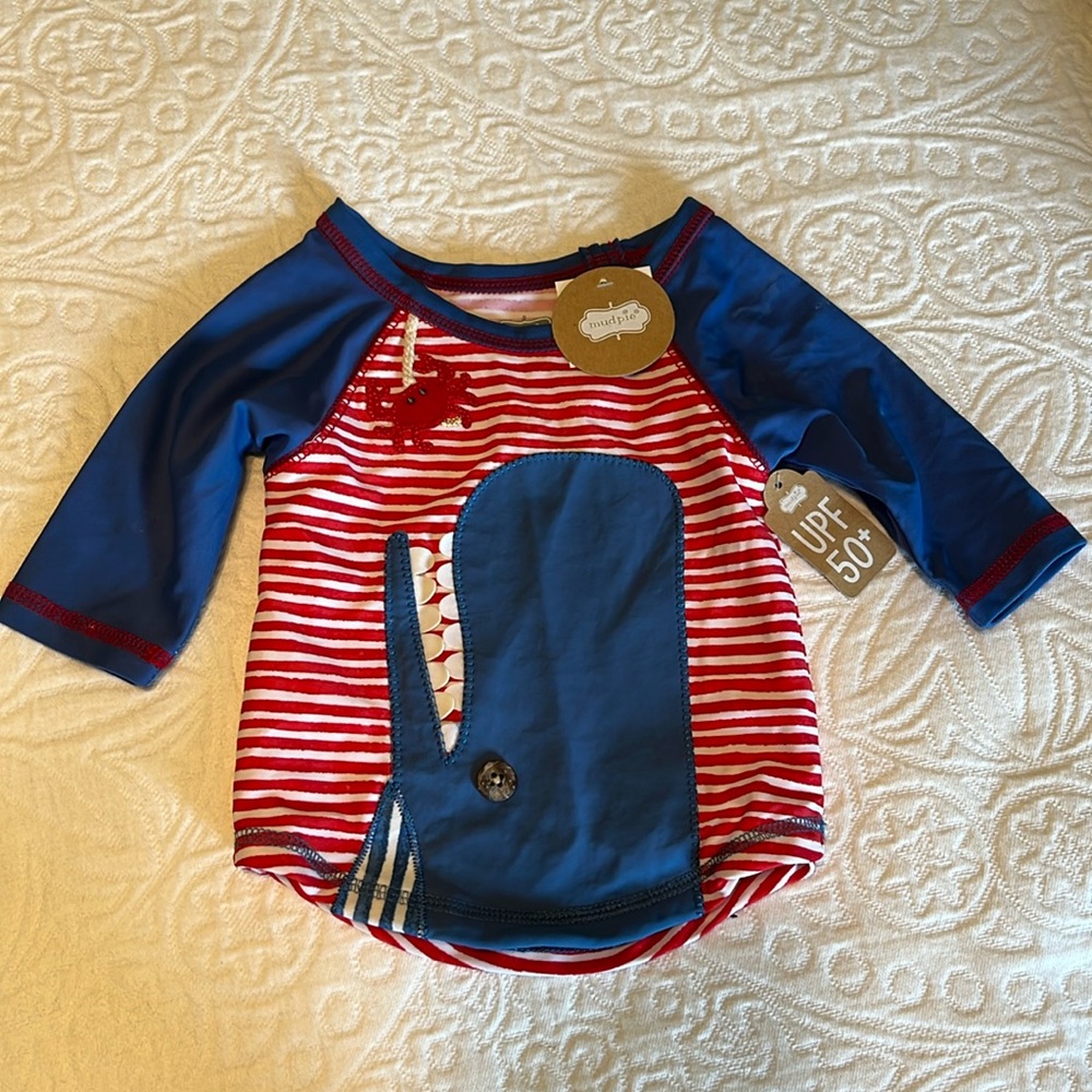 Mud Pie baby boy rash guard whale size 6-9 months upf50 patriotic red blue